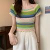 Rainbow Striped Square Neck Front Shoulder Knitted Short Sleeved T-shirt Summer Thin Cut with A Waistband Short Cut Chic and Beautiful Top
