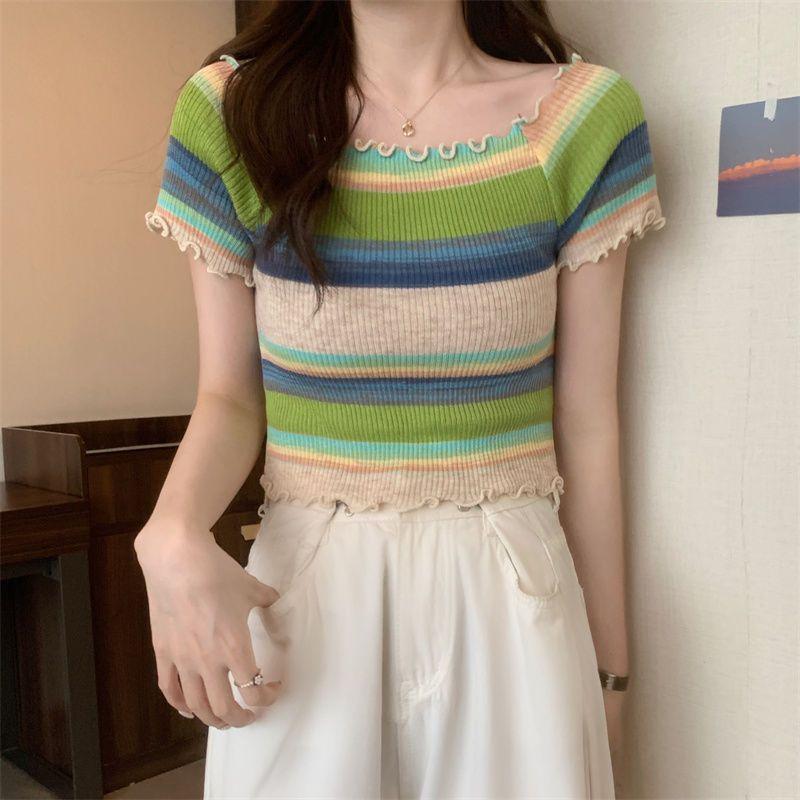 Rainbow Striped Square Neck Front Shoulder Knitted Short Sleeved T-shirt Summer Thin Cut with A Waistband Short Cut Chic and Beautiful Top