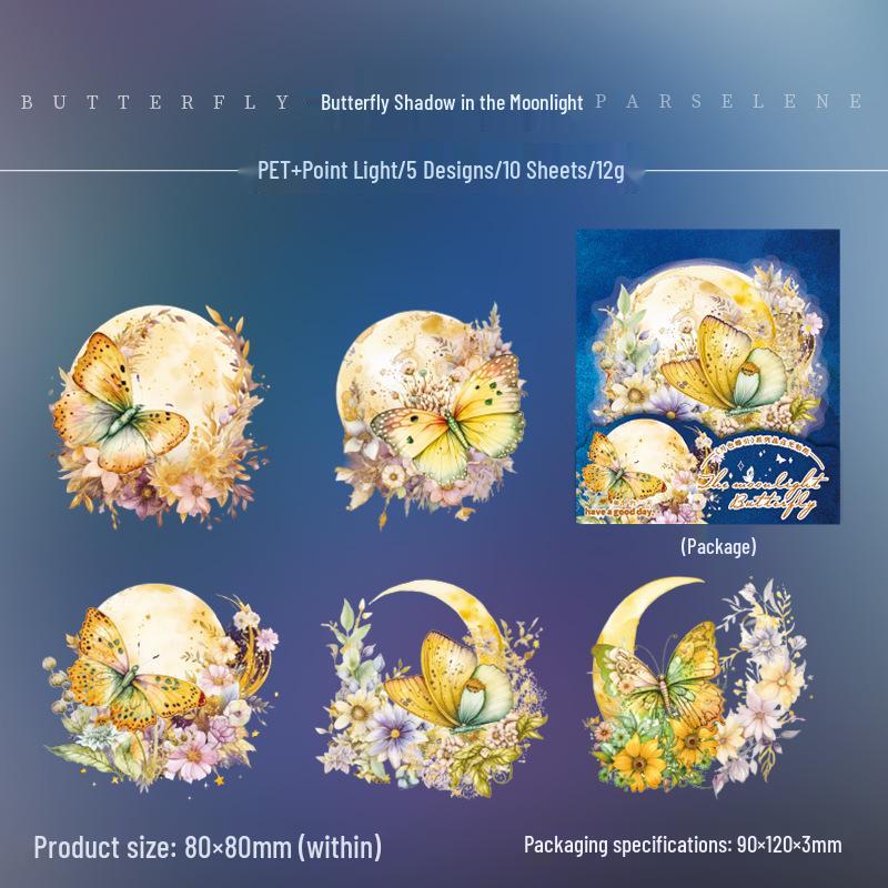 Moonlit Butterfly Series Stickers: Crystal Dot Light Journal Materials in 6 Styles