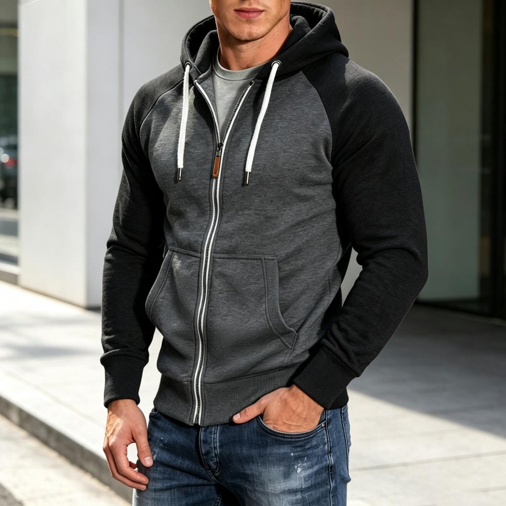 Men's Color Block Raglan Sleeve Zip Up Hoodie for Fitness and Casual Wear