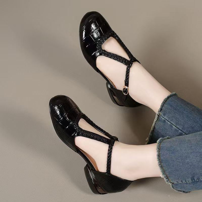 Design sense niche woven soft leather hollow Mary Jane small leather shoes versatile soft sole thick heel bag head sandals women