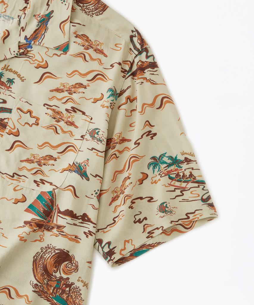 OUTSTANDING Hawaiian Open Collar Half Shirt Surfing_Beige