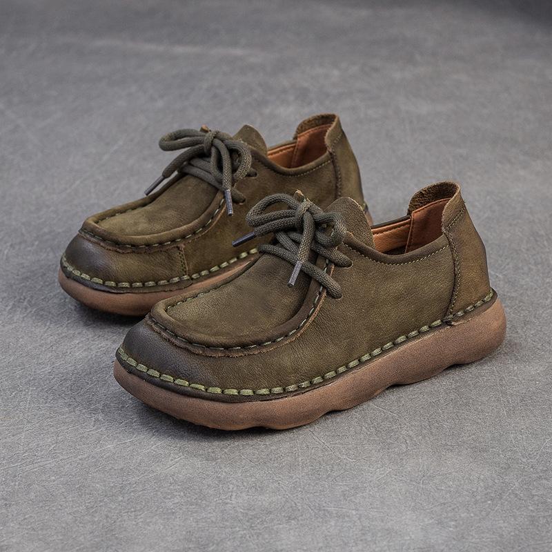Johnature Echte Leder Ballerinas Bequem Vielseitig Schnürschuhe Pendeln Retro Weichbesohlte Damenschuhe