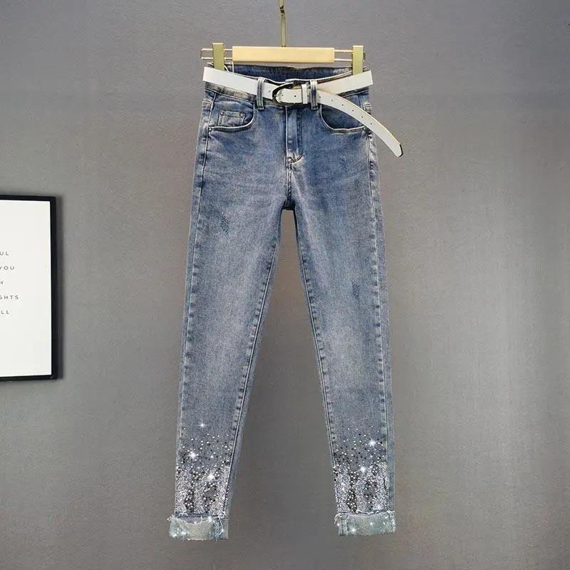 Women Stretch Skinny Denim Jeans Solid Color Rhinestone Studded Pencil Pants