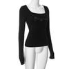 Y2K Retro Style Spicy Girl Letter Hot Diamond Low Neck Short Cut Exposed Navel Black Top for Women