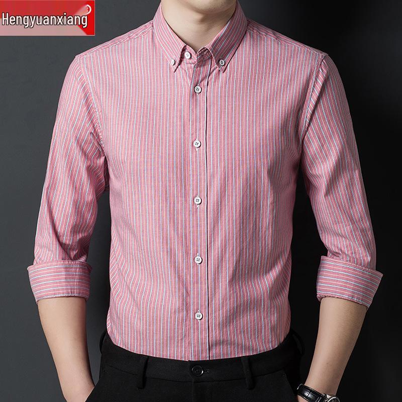 Hengyuanxiang Men's Non-Iron Striped Cotton Long-Sleeve Shirt - Spring & Autumn Casual Loose Fit