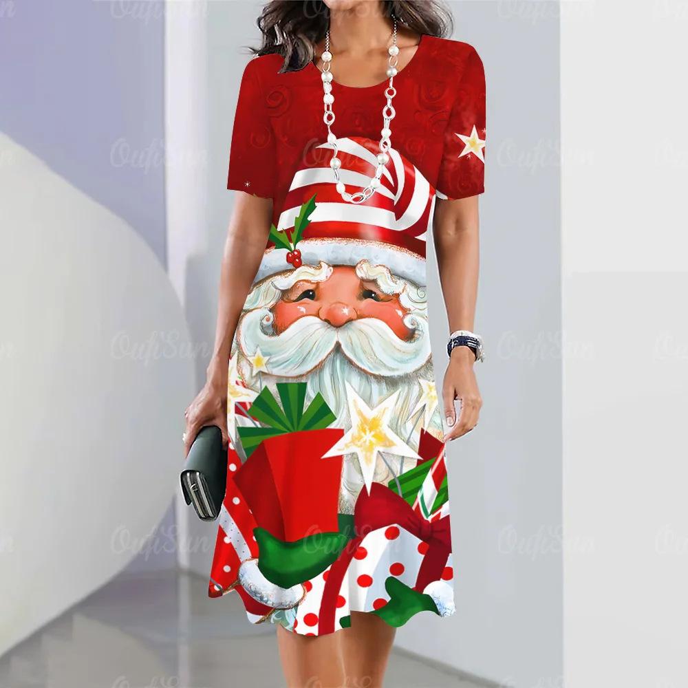 Summer Fashionable Creativity Women Loose Large Round Neck Casual Comfortable Versatile Christmas Series Santa Claus 3D Printed Dresses