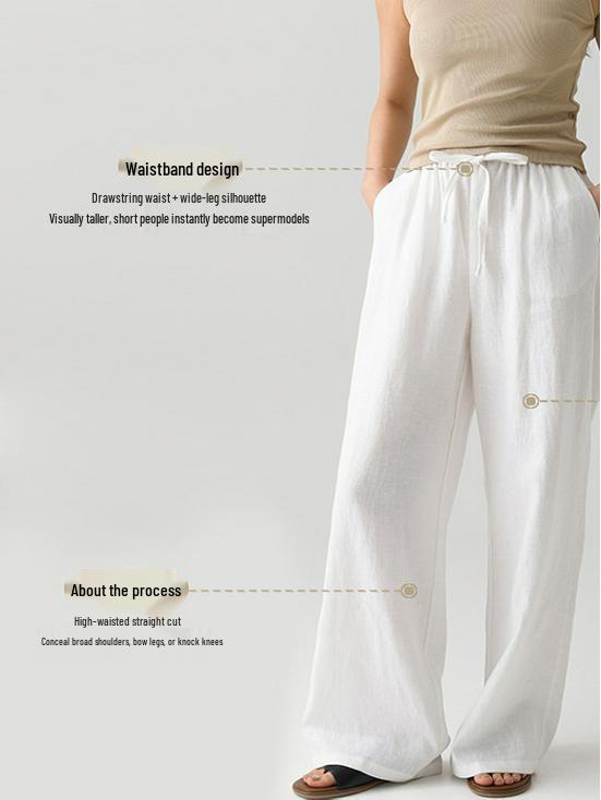 Women's Pure Linen Wide-Leg Pants - White, Summer Style, Loose Fit, High-End, Relaxed Feel