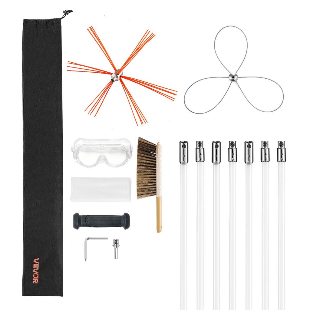 VEVOR Chimney Sweep Kit, 7m Maximum Extendable Length Chimney Brush, Chimney Cleaner Sweeper with Dual Brush Heads, Brush & Goggles