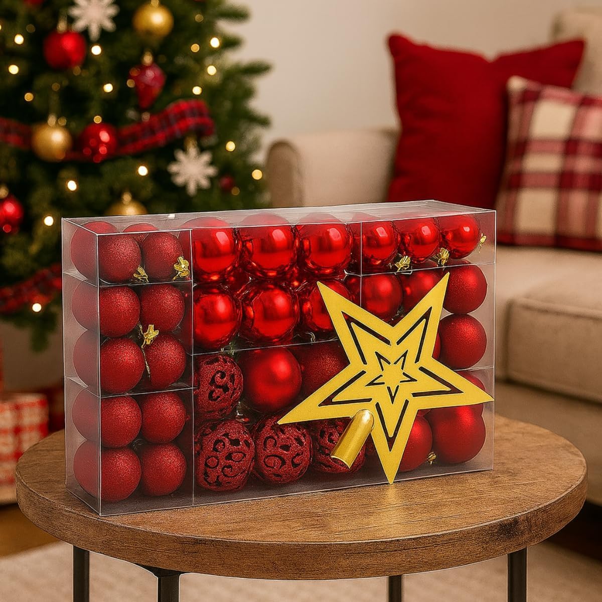 

100 Pieces Red Gold Plastic Christmas Balls Kit | Matte Shiny Glitter Finish | Tree Ornaments Decoration Clear Plastic Box Standard красный