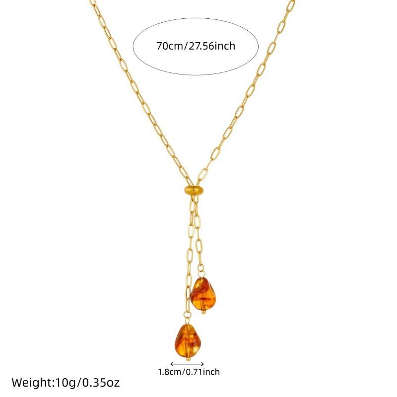 Gold Plated Stainless Steel Adjustable Lariat Necklace with Amber Drop Charms for Women