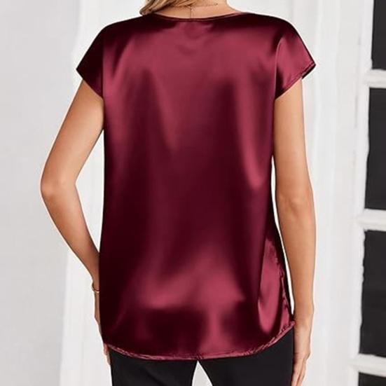 Women Tops Loose Fit Summer Blouse V-Neck Short Sleeve Smooth Satin Soft Stretchy Pullover