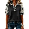 Women's Casual Patchwork Sleeve Printed Polo Shirt Button Down Collar Short Sleeve Top for Everyday Wear