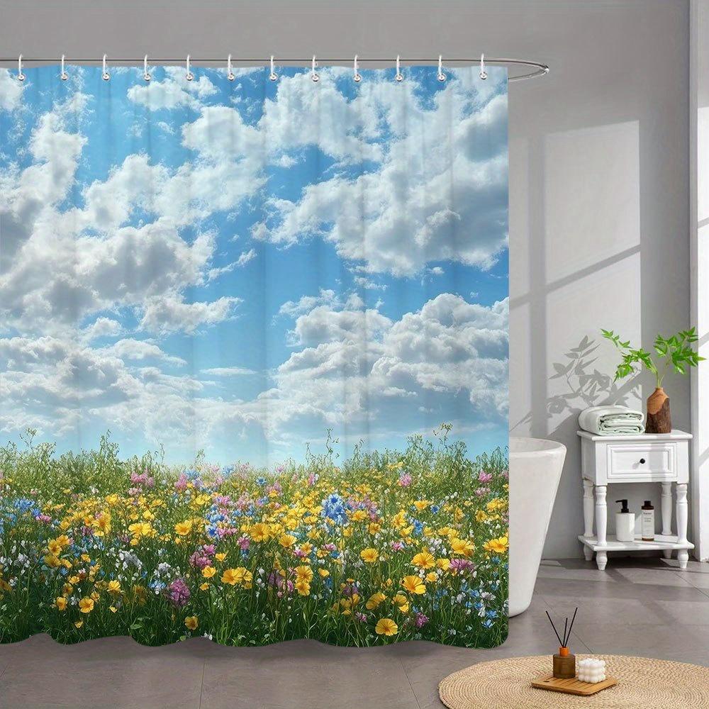 

1Pc Extra Large Bath Curtain - Wildflower Meadow Shower Curtain With Vibrant Floral Landscape, Clear Blue Sky & Greenery - Machi W60H190(CM)-1 Pcs