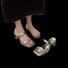 New Summer with Silver Cool Slippers, Medium Heel with Skirt, One-word Sandals Women's Shoes