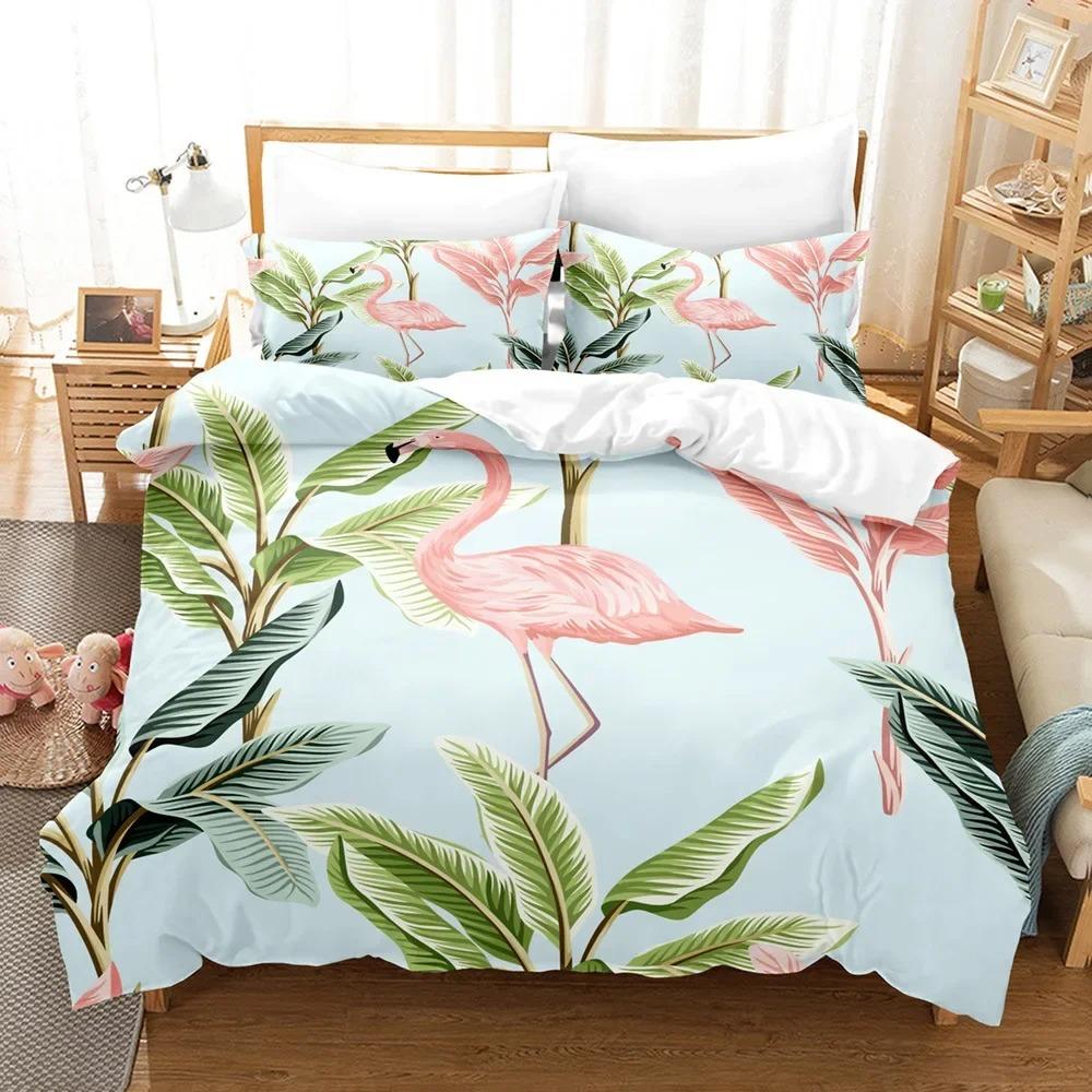 Flamingo Duvet Cover King/Queen Size Green Tropical Leaves Decor Bedding Set Palm Tree Flower Soft 2/3pcs Polyester Quilt Cover
