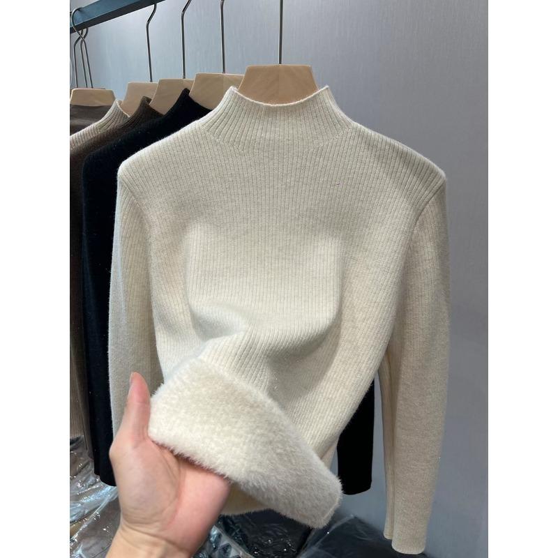 Women S Fleece Lined Knitted Half Turtleneck Pullover Sweater Solid Warm Inner Top