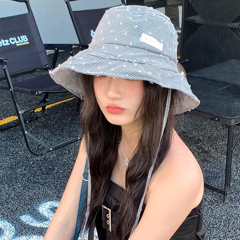 Sweet small fresh plaid bucket hat summer big brim thin student travel versatile sunshade sunscreen hat