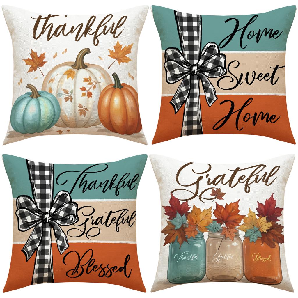Thanksgiving Pillow Covers,Pumpkin & Autumn Leaf Design, Soft Flannel Sofa Cushion Covers for Home Decor,45x45cm, No Pillow Insert