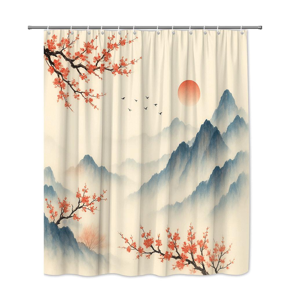 Chinese Ink Landscape Shower Curtain Cherry Blossom Mountains Misty Sky Traditional Art Decor Waterproof Simple Installation