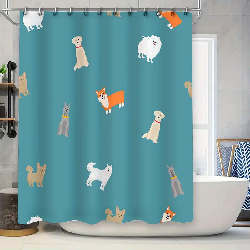 

Modern Shower Curtain featuring cute dog designs waterproof fabric suitable for bathrooms, available in blue with multi-colored 90x180cm