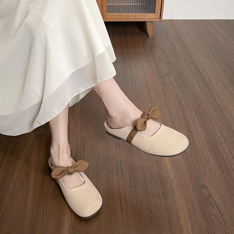 Baotou Slippers for Women Soft-soled Summer Flat-bottomed Bow One-foot Half-support Single Shoes