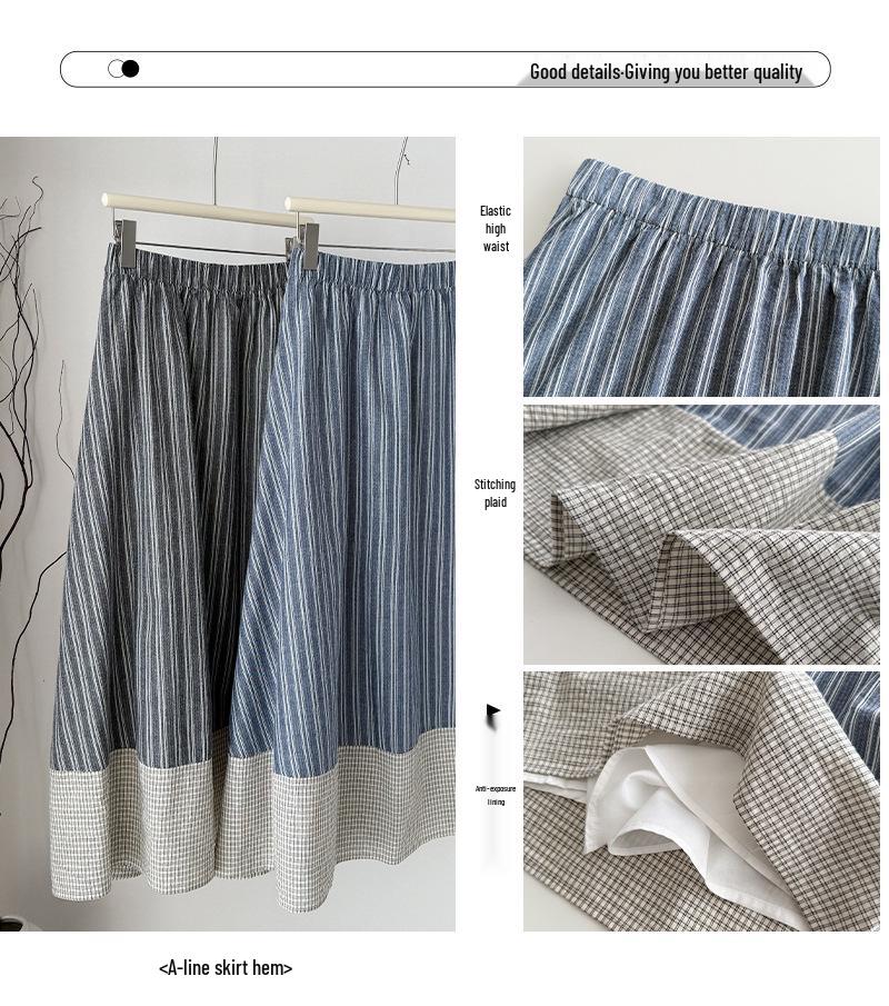 Damen Hohe Taille Japanischer Retro Streifen A-Linien Schirmrock – Schlankmachend und Elegant für Frühling/Sommer