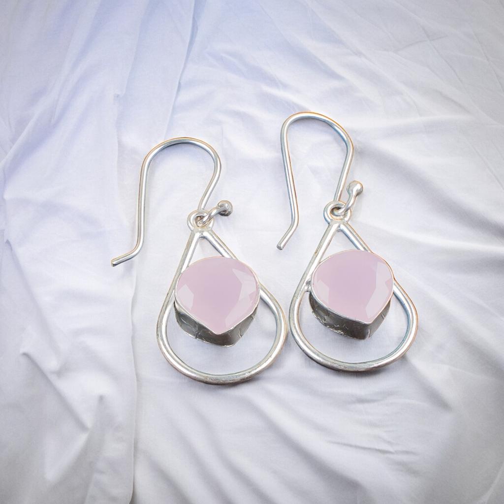 925 Sterling Silver Rose Chalcedony Gemstone Trendy Jewelry Hook Earrings 1.50" EE-38-17