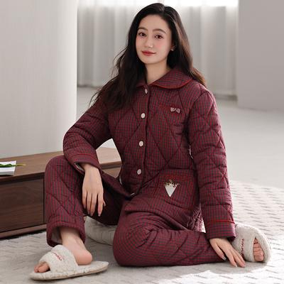 Pajamas Women'S Winter Three-Layer Thickened Velvet Woven Cotton Jacket Middle-Aged Mother Winter Loungewear Set