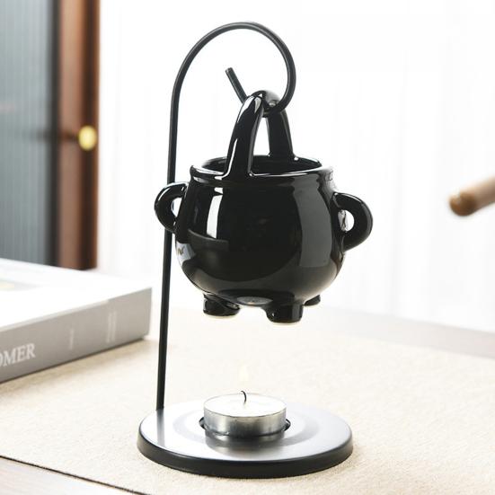 Hanging Pagan Cauldron Oil Burner Wax Warmer Aroma Diffuser with Handle Ceramic Tealight Candle Holder Witch Halloween Decoration