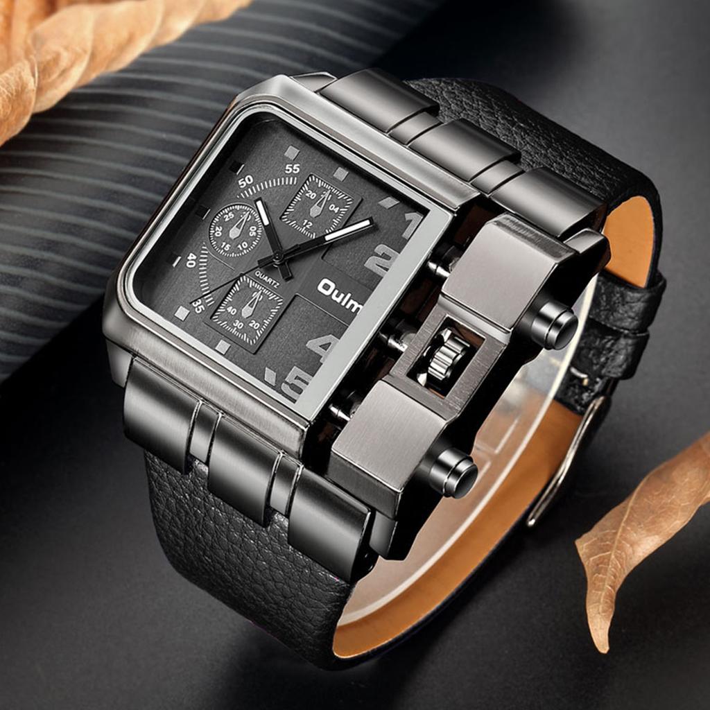 Hip-Hop Men's Square Dial Watch Street Style Leather Strap Quartz Wristwatch