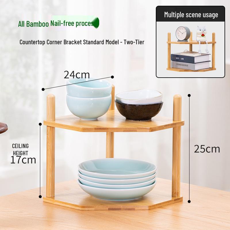 Bambusová kuchyňská rohová police: Multifunkční trojúhelníkový stojan na koření pro uložení na pracovní desku a na stůl.