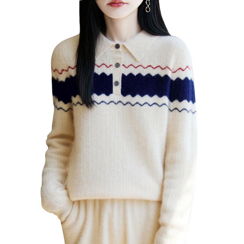 Women's College Style Wool Lapel Knit Sweater - Spring/Autumn 2025 Collection, Loose Fit, Slimming Base Layer Top
