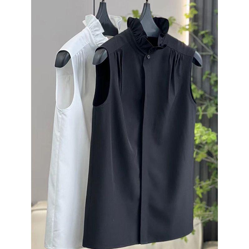 French Hepburn Style Sleeveless Bandage Dress Vest Chiffon Shirt Black S