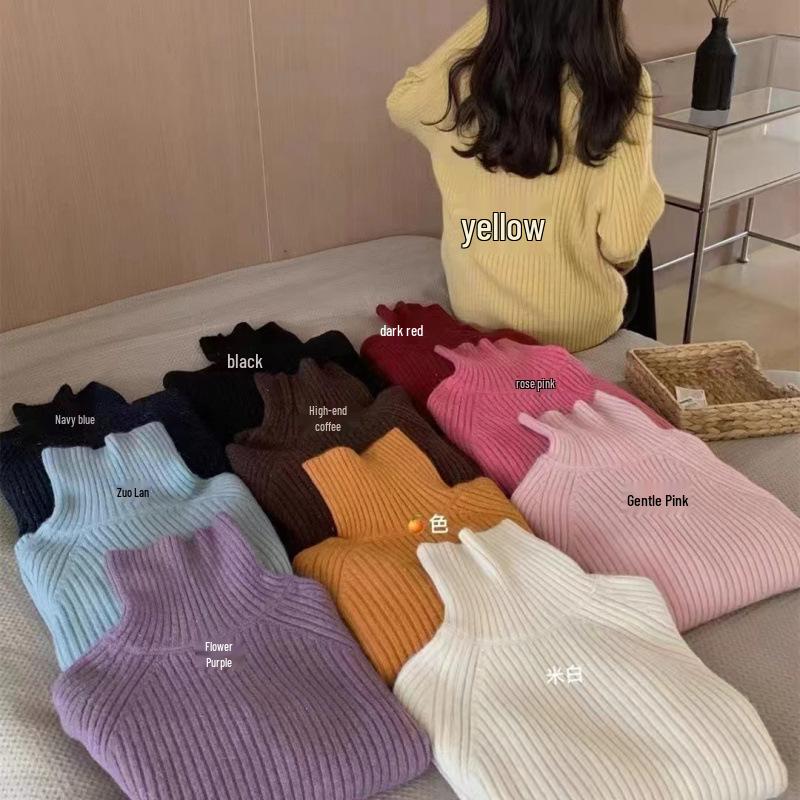 Women's Slim-Fit Ribbed High Neck Sweater - Solid Color Knit Top for Autumn/Winter