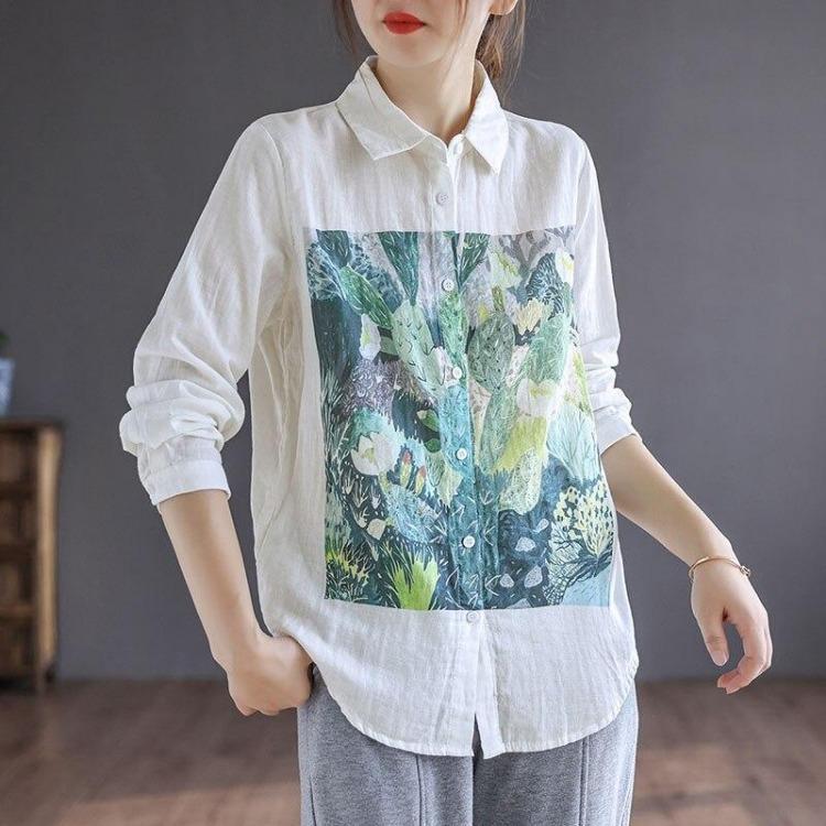 Vintage Floral Print Chinese Style Blouse Women Loose Long Sleeve Shirt Turndown Collar Casual Autumn Top