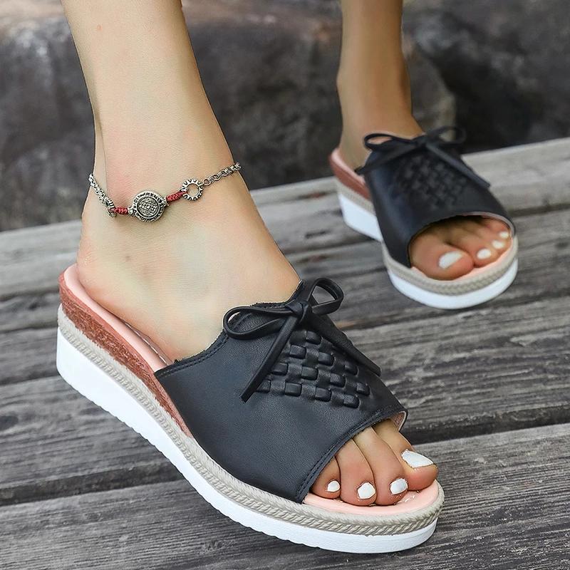 

Fashion Pu Leather Women s Wedge Sandals Summer 2025 Bowknot Open Toe Plus Size Rome Sandals Woman Comfortable Lightweight Beach Sandles 43 чёрный