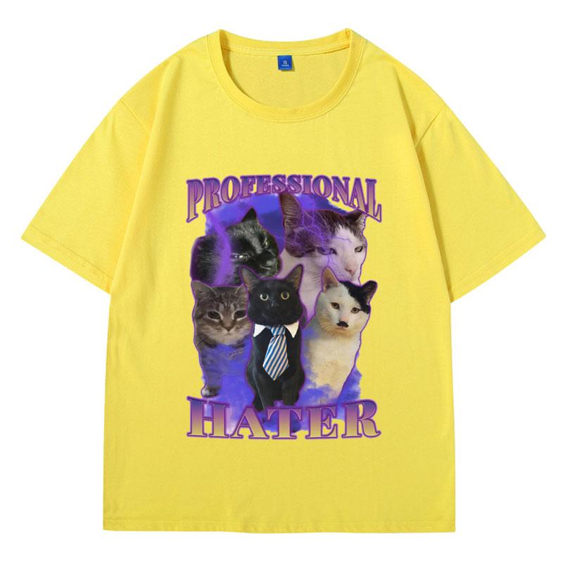 Professional Hater Funny Cat Meme T-shirt Men Vintage Trendy Cat Lover T-shirts Hip Hop Loose Cozy Cotton Tees Male Streetwear