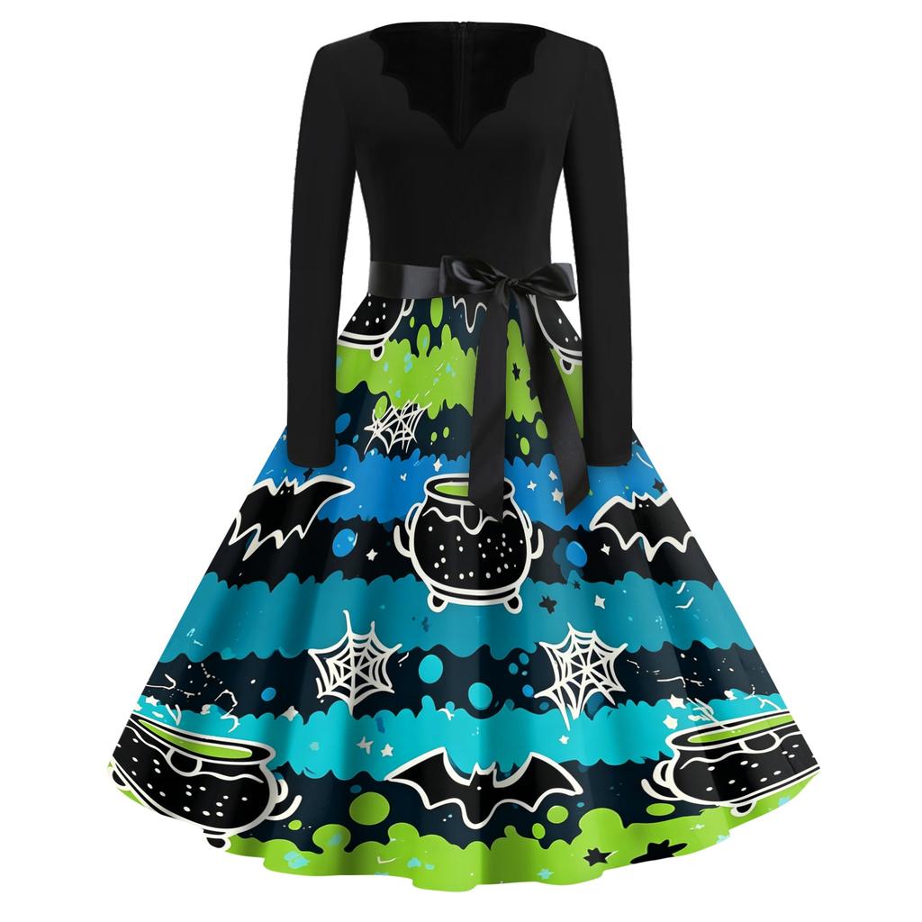 Women's Casual Vintage Halloween Dress V Neck Long Sleeve Bat Print A Line Skirt Retro Style Belted Waist Swing Dress