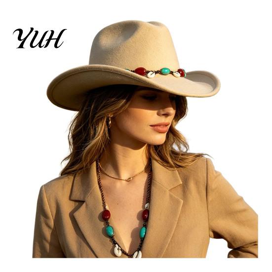 Vintage Style Headwear Wool Felt Fedora, Unisex Western Cowboy Hat, Retro Wide Brim Hat Cowgirl Jazz for Women Men Autumn Winter Travel Accessories