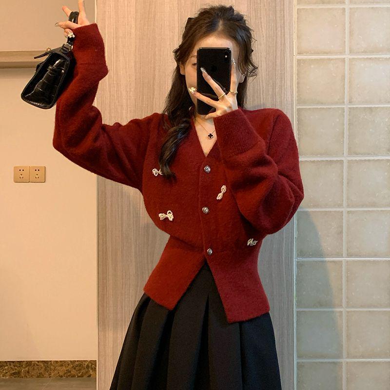 Women's Soft Pearl Knit V-Neck Cardigan: New Year Red with Waist-Cinching Bow