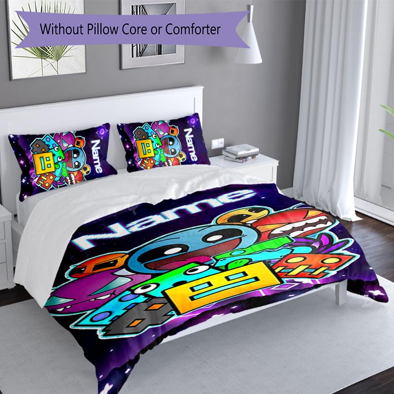 3pcs Custom Name Geometry Dash Set,Includes 1 Duvet Cover and 2 Pillowcases,All-season Bedroom Decor