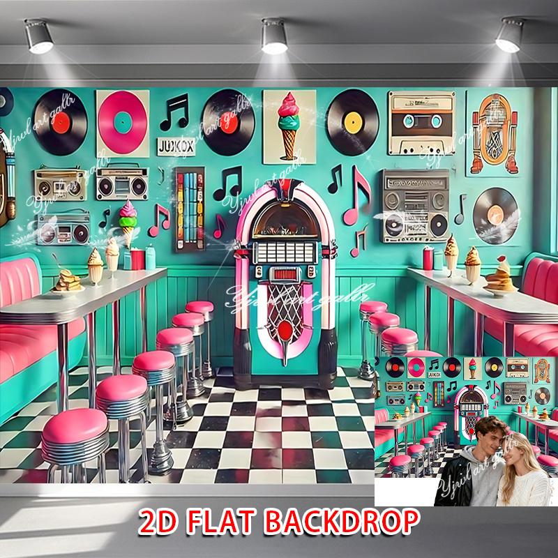 2D Flat Banner, 1 Piece of Retro Jukebox Music-themed Party Decoration, Retro Vinyl Records and Ice Cream Cone Design