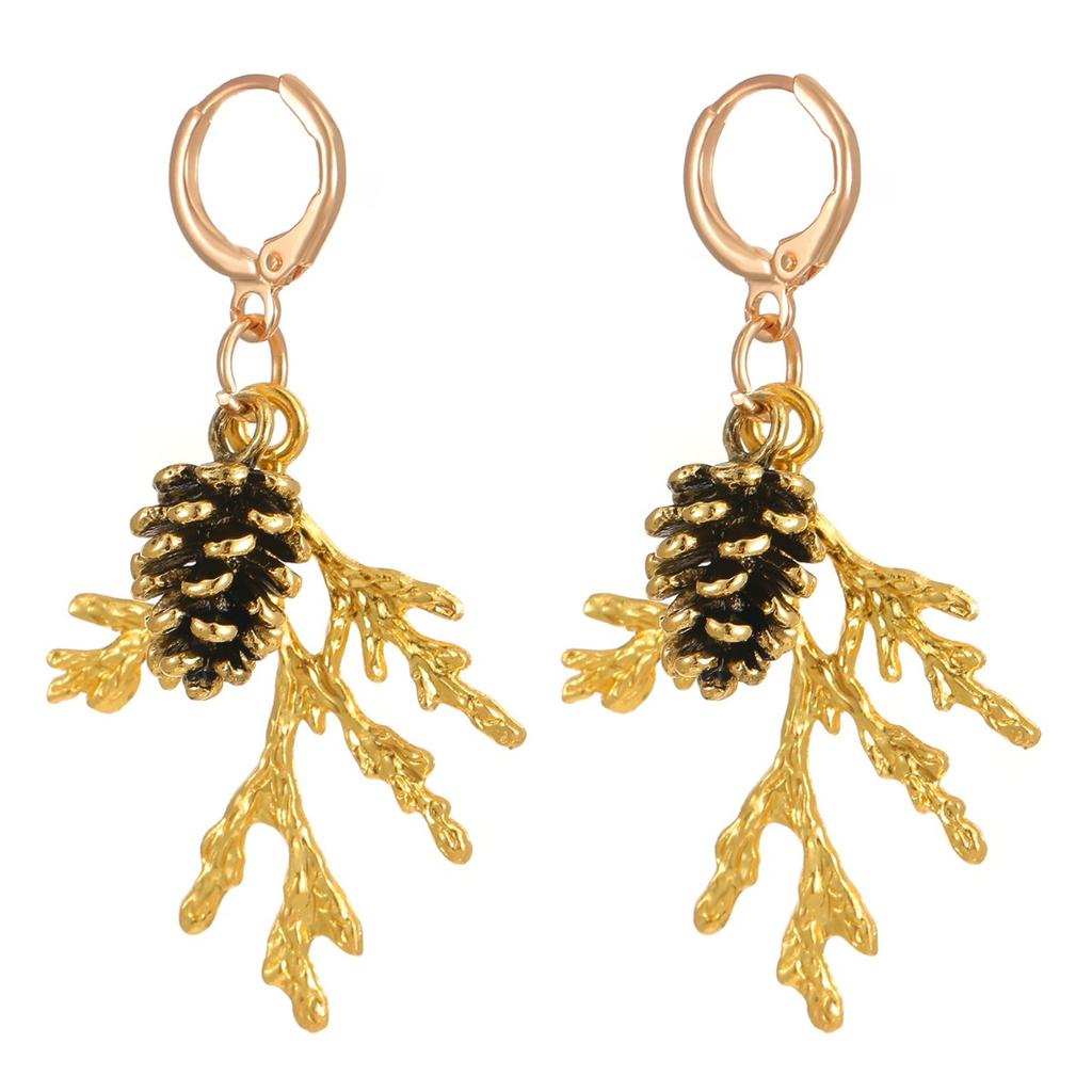 Vintage Pine Cone Twig Dangle Hoop Earrings Retro Forest Nature Inspired Drop Ear Ornaments for Women Autumn Daily Outfit Accessories