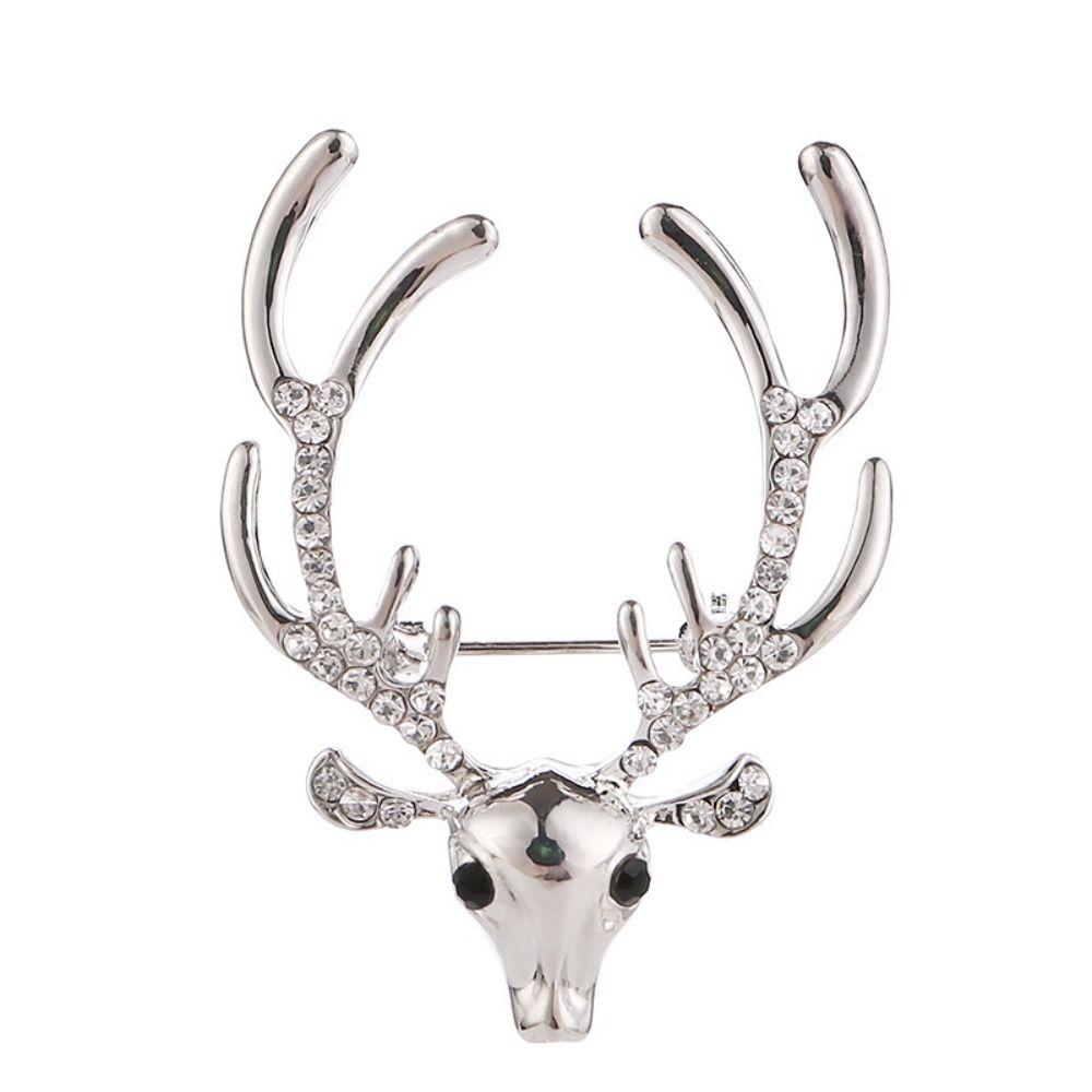 Rhinestone Christmas Badge Animal Deer Metal Brooch Unique Elk Head Brooch  Boys