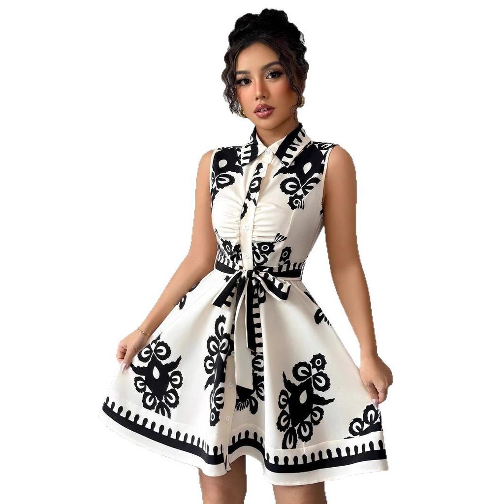 A New Summer Women's Fashion Printed Cinched-waist Lace-up Sleeveless Dress