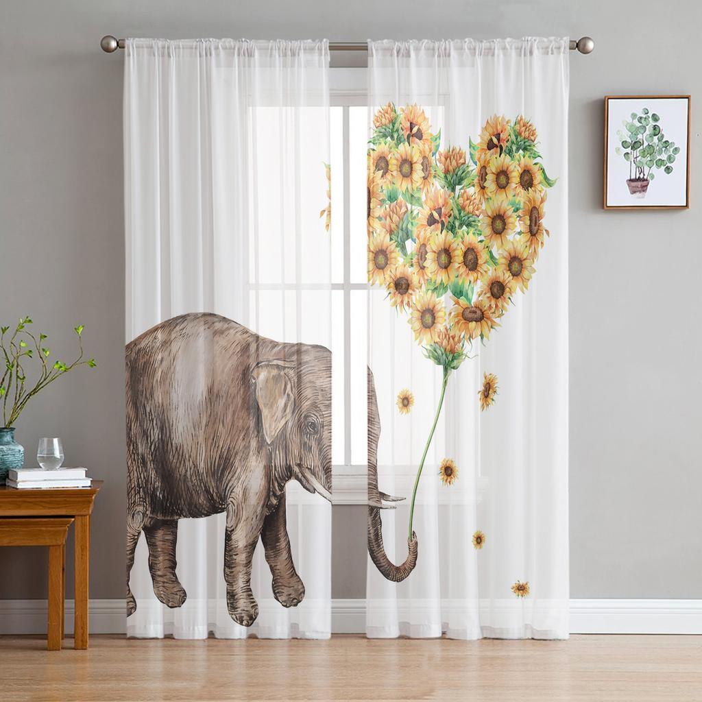 Elephant Big Stupid Bird Heart Gray Blue Sheer Curtains for Living Room Bedroom Decoration Window Voiles Morning Tulle Curtain