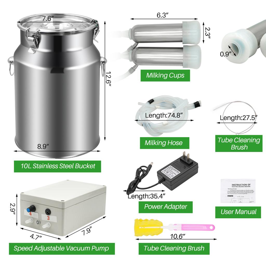 10L Cow Milk Milking Machine Goat/Sheep Pulsating Milking Machine Stainless Steel Milker Bucket With Vacuum Pump Set 220V-240V