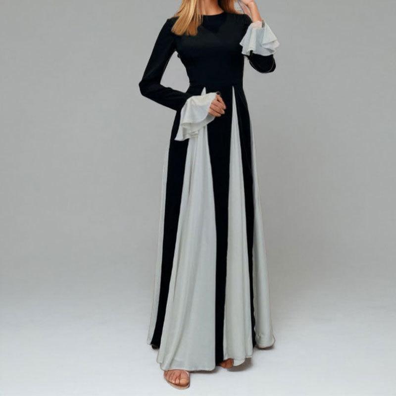 Women's Black White Color Block Maxi Dress Spaghetti Strap Sleeveless Fit and Flare Elegant Long Dress