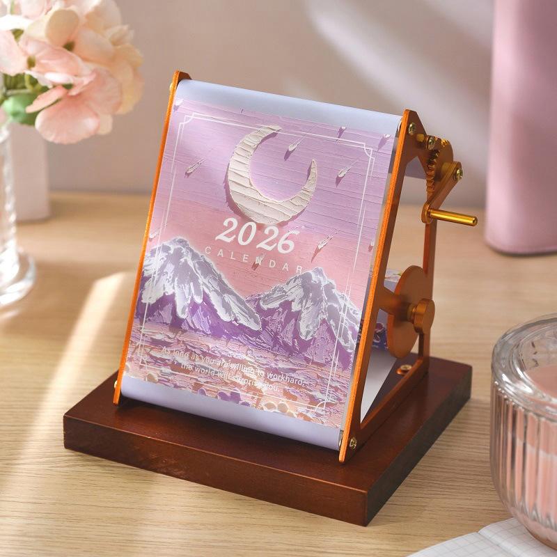 

Hand-cranked Mechanical Desk Calendar 2026, Retro Oil Painting Style Calendar, Luxury Desktop Table Calendar for Display